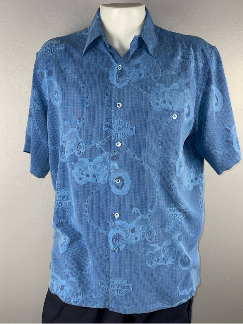 Harley Davidson Shirt Men’s L Blue Silk Tori Richard Motorcycle Graphic Vintage - Picture 1 of 10